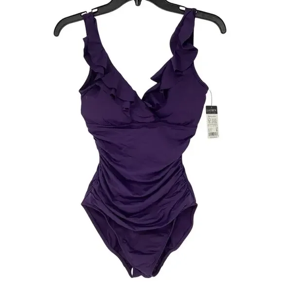 Lauren Ralph Lauren Size 6 Eggplant Beach Club Ruffle One Piece Swimsuit O5-11 One Pieces